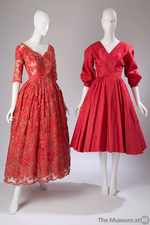 Two-piece red floral lace floor length dress and red dress with sleeves gathered at elbows and …