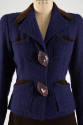 Purple & black tweed suit jacket with brown collar, pocket flaps, large brown leather buttons