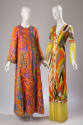 Left: Orange with multicolor triangle pattern floor length caftan Right: Yellow, orange, off-wh…