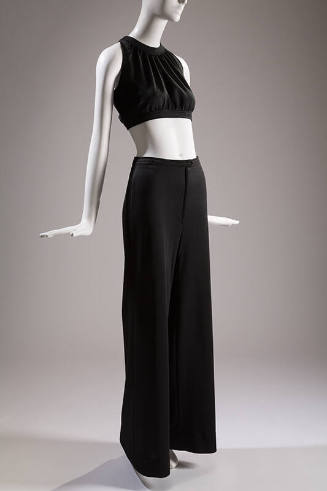 Black knit cropped top and matching wide leg pants