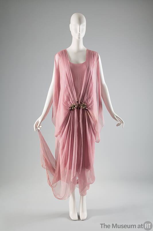 Pink silk chiffon sleeveless dress with knee length underdress, sheer cocoon shaped overdress a…