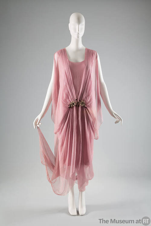 Pink silk chiffon sleeveless dress with knee length underdress, sheer cocoon shaped overdress a…