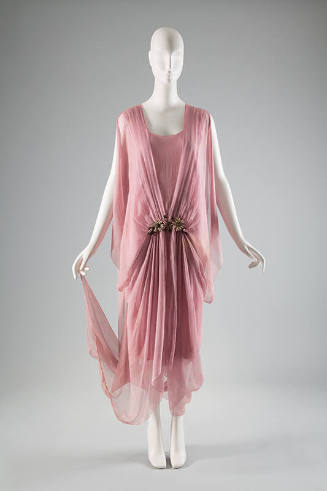 Pink silk chiffon sleeveless dress with knee length underdress, sheer cocoon shaped overdress a…