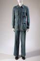 Man’s blue denim suit: button down jacket with 4 large flap pockets and matching wide leg pants
