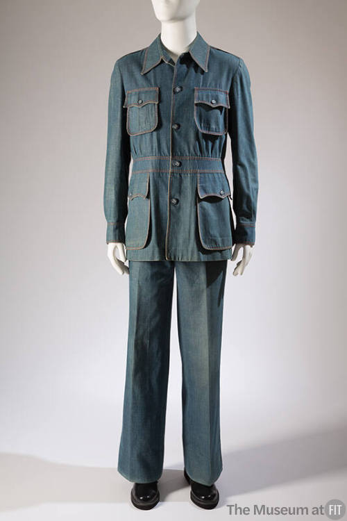 Man’s blue denim suit: button down jacket with 4 large flap pockets and matching wide leg pants