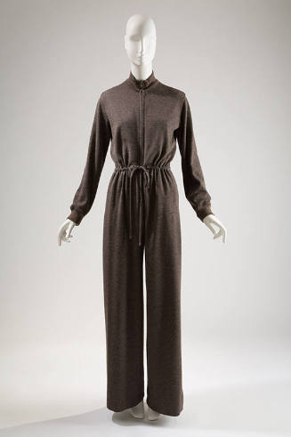 Long sleeve grey jumpsuit with band collar, drawstring waist and wide leg pants