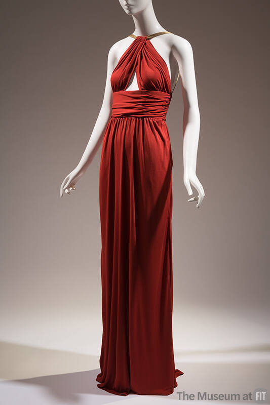 Red orange gathered halter top floor length dress with wide belt