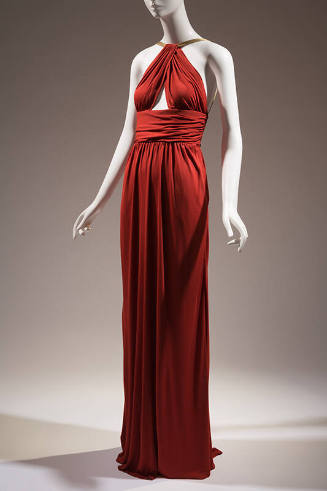 Red orange gathered halter top floor length dress with wide belt