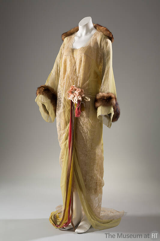 Yellow green silk robe with off-white lace panels, fur collar and cuffs, long sleeves, pink ros…