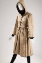 Beige diamond pattern quilted hooded coat with brown trim and button front bodice