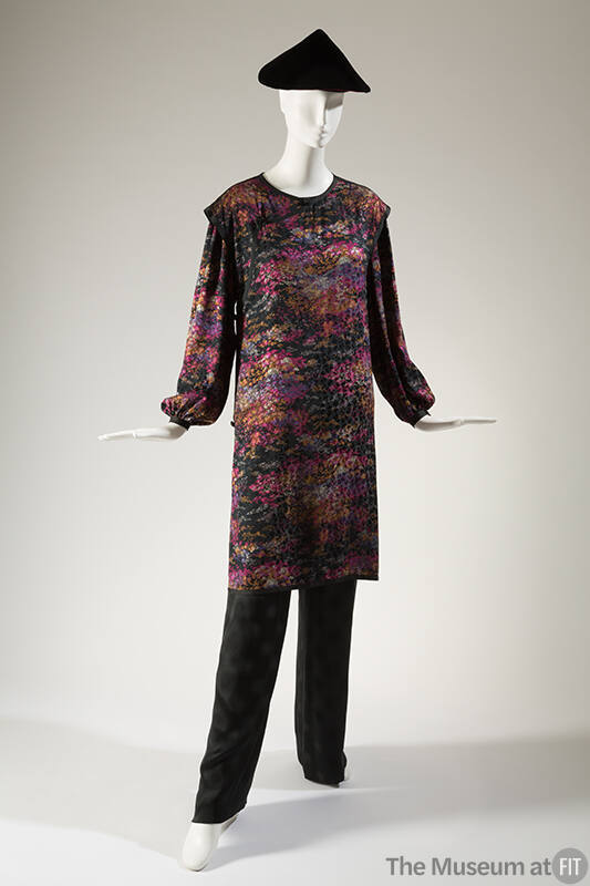 Long sleeve black dress printed with small abstract pattern in purple, gold and white, black si…