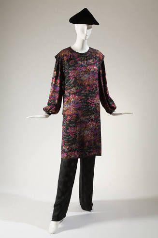Long sleeve black dress printed with small abstract pattern in purple, gold and white, black si…