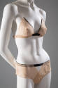 Beige sheer bra and panty set with black ribbon trim