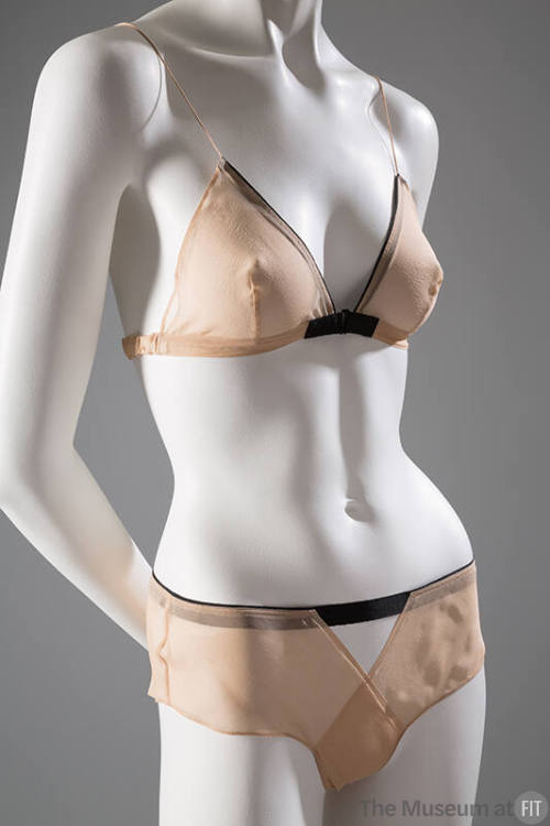 Beige sheer bra and panty set with black ribbon trim