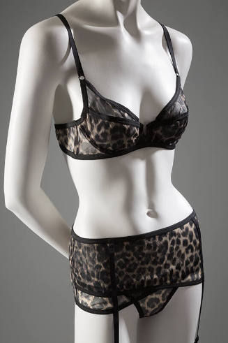 Lingerie ensemble in black trimmed brown and beige leopard print of demi cup underwire bra, pan…