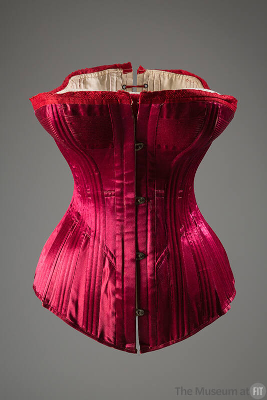 Red silk satin corset with red damask trim at top and center front metal hook closure