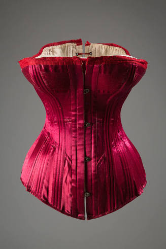 Red silk satin corset with red damask trim at top and center front metal hook closure