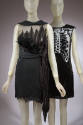 Left: black sleeveless mini dress with sheer feathered bodice and crinckled skirt Right: black …