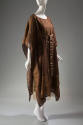 Brown silk calf length poncho style gown with gold block lattice and griffin pattern with ribbo…