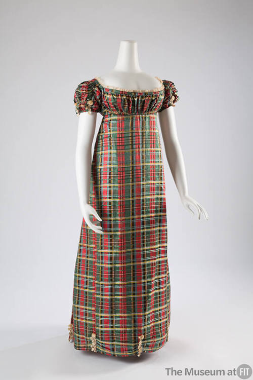 Red, green, blue, yellow, black and white floor length tartan print dress with high empire wais…