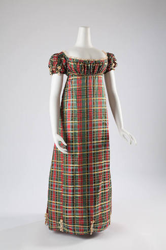 Red, green, blue, yellow, black and white floor length tartan print dress with high empire wais…