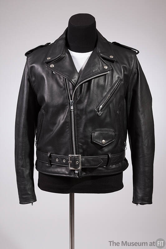 Black leather motorcycle jacket with off-center zip front, notched collar with silver snaps, sh…
