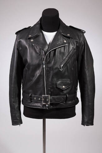 Black leather motorcycle jacket with off-center zip front, notched collar with silver snaps, sh…