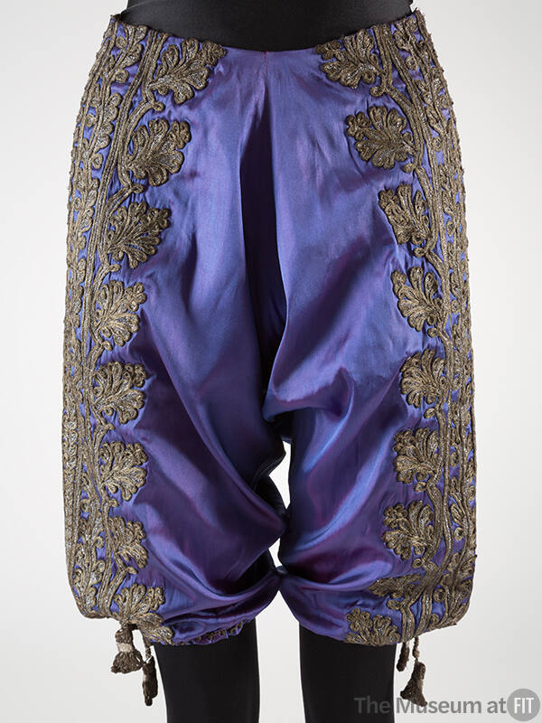 Changeant purple pantaloons with hand embroidered wide, silver and gold band of ivy and stylize…