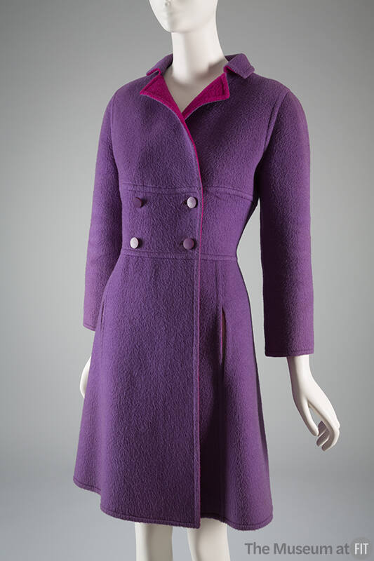 Purple double breasted coat with magenta lining and high lapels