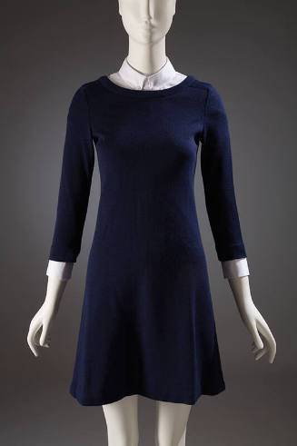 Navy blue shift mini dress with 3/4 sleeves and white collared dicky