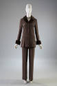 Brown and white double knit jacket with faux fur collar and cuffs, matching trousers
