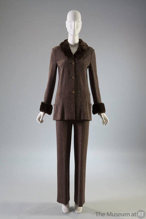 Brown and white double knit jacket with faux fur collar and cuffs, matching trousers

