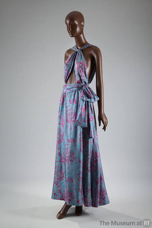 Blue and magenta printed halter top bodice and matching skirt