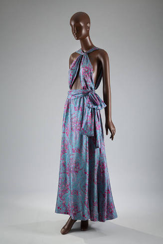 Blue and magenta printed halter top bodice and matching skirt