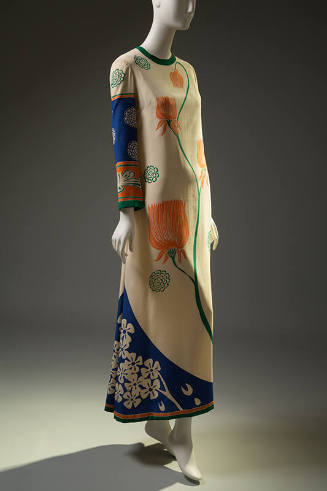 Off-white, blue and green long sleeve floor length dress with large orange floral motif