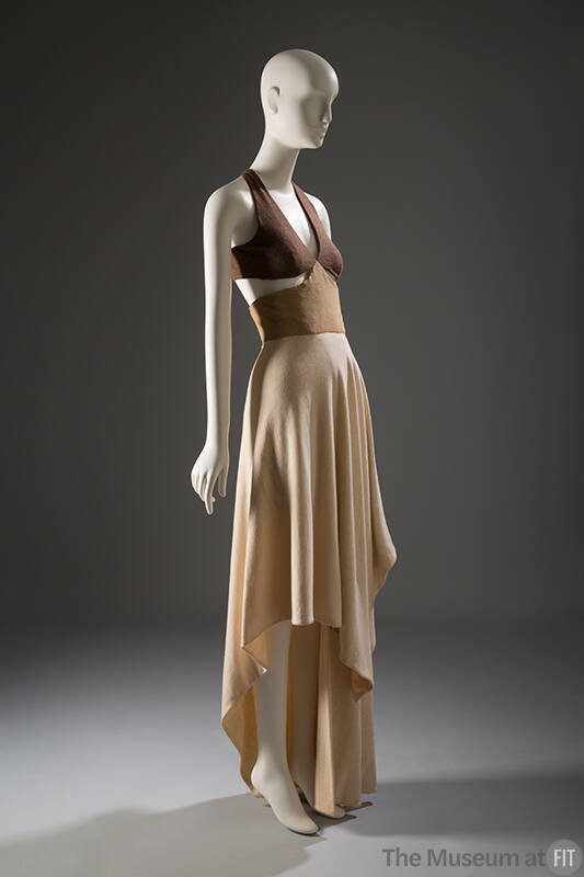 Dress with brown halter top, tan midriff section and beige asymmetric skirt 
