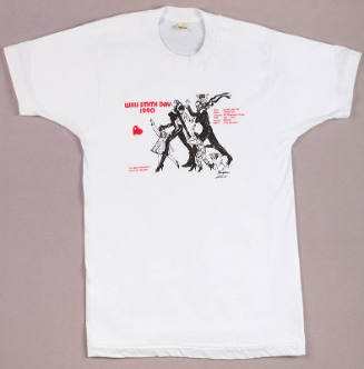 White short sleeve t-shirt printed in red Willie Smith Day 1990 and image of family with childr…