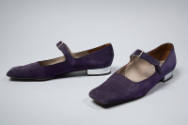 Purple suede square toe shoes with front buckle strap and low silver heel