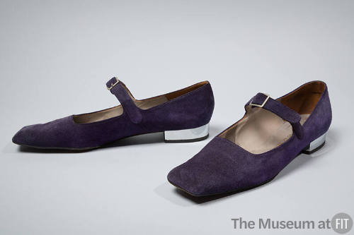 Purple suede square toe shoes with front buckle strap and low silver heel