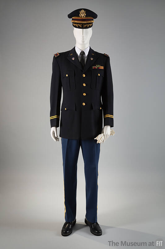 Man's U.S. Army Lt. Col. navy blue dress uniform: military hat with gold eagle, white gloves, s…