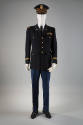 Man's U.S. Army Lt. Col. navy blue dress uniform: military hat with gold eagle, white gloves, s…