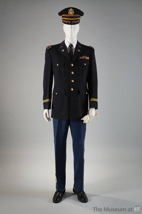 Man's U.S. Army Lt. Col. navy blue dress uniform: military hat with gold eagle, white gloves, s…