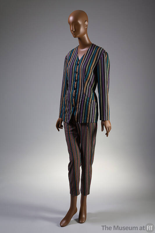 Hot pink, turquoise blue, orange, lime green, black, and white narrow striped pantsuit