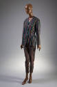 Hot pink, turquoise blue, orange, lime green, black, and white narrow striped pantsuit