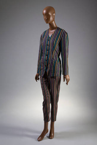 Hot pink, turquoise blue, orange, lime green, black, and white narrow striped pantsuit
