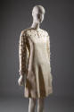 Beige linen long sleeve dress with white hand beaded dangling dots at sleeves