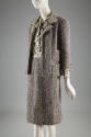 Pale blue and brown tweed jacket, skirt, and blouse suit set