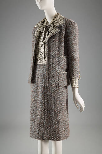 Pale blue and brown tweed jacket, skirt, and blouse suit set