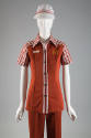 Brown McDonald’s uniform of short sleeve button front shirt with white striped trim, M logo on …