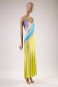 Slip dress with color blocked bodice in pink, light purple, ivory, peach and shades of blue and…